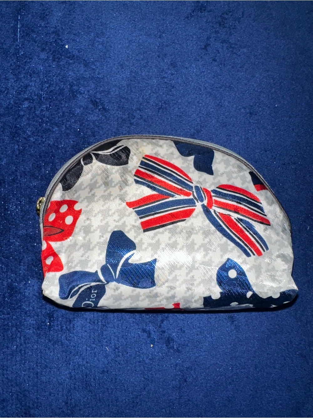 Christian Dior Vintage Houndstooth Bows Red Blue Cosmetic Pouch USA 90s Makeup - Picture 3 of 12